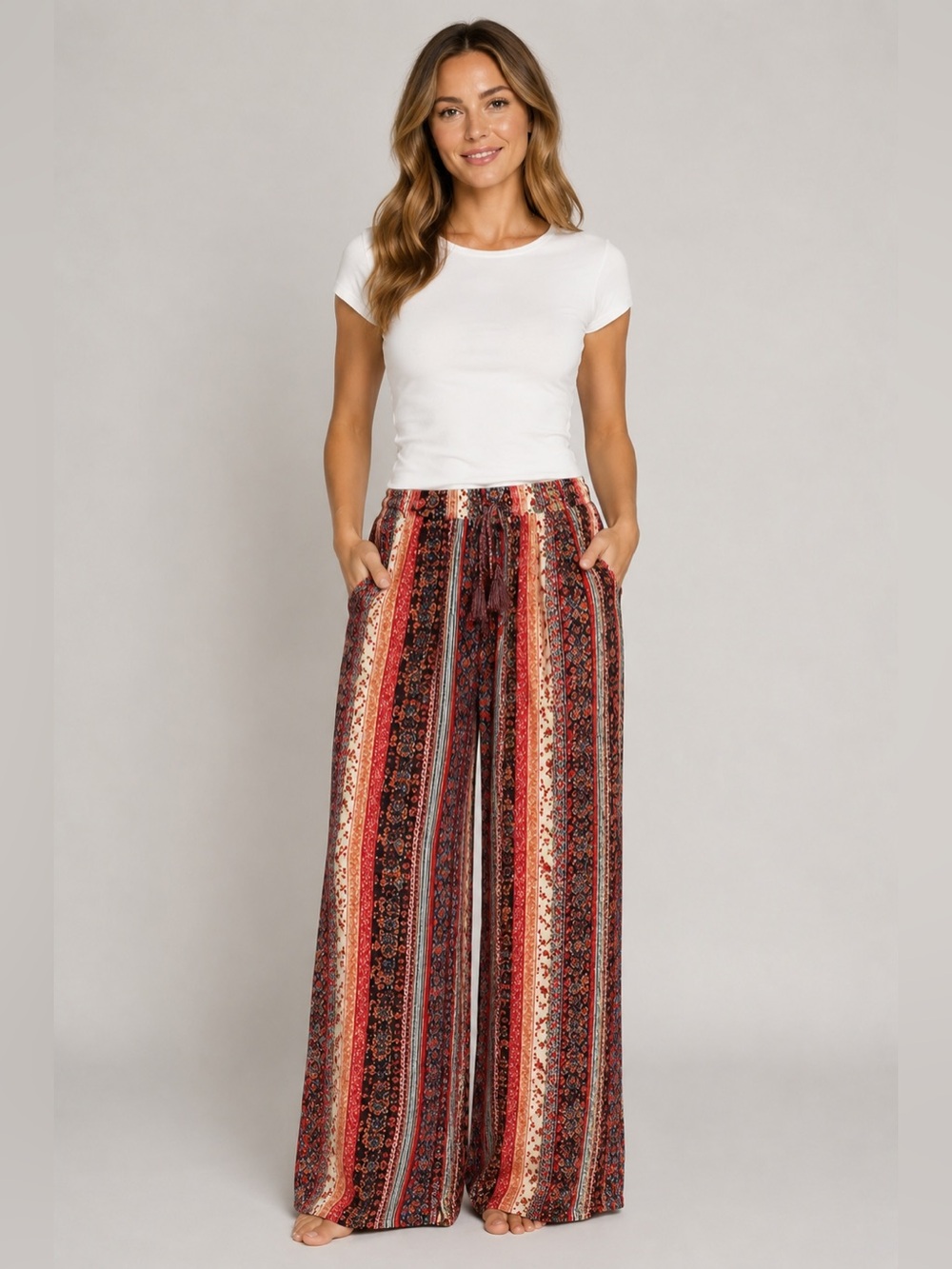 Kate & Sam Boho Wide Leg Palazzo Pants Red Multicolor Striped Paisley L